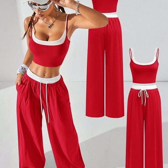 Red and White Casual Women's Sport Knit Tank Tops & Sweatpants - Picture 9 of 10